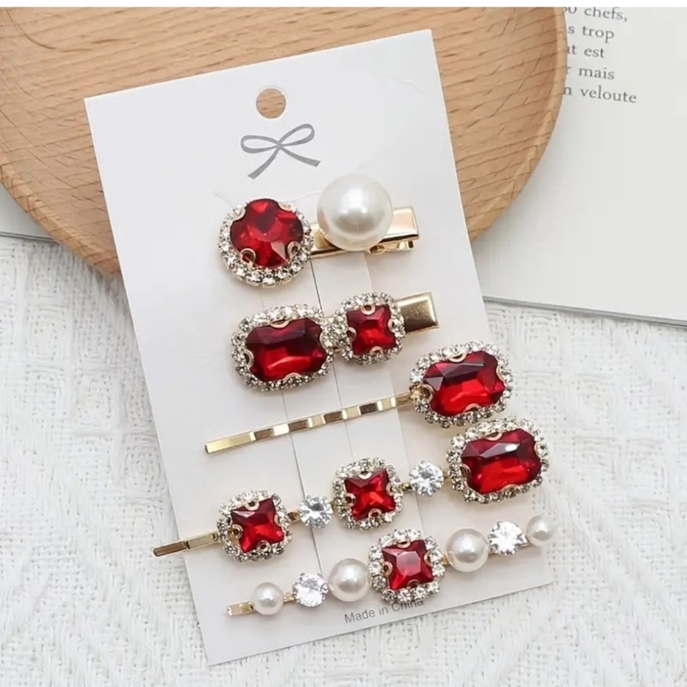 ๐๏ธ RED RHINESTONE & PEARL HAIR PINS & CLIPS - SET OF 5